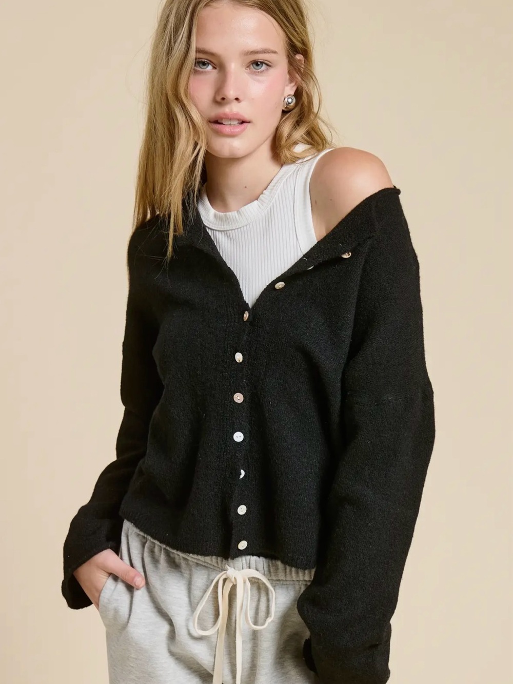Women's Black Button-Front Knit Cardigan Sweater
